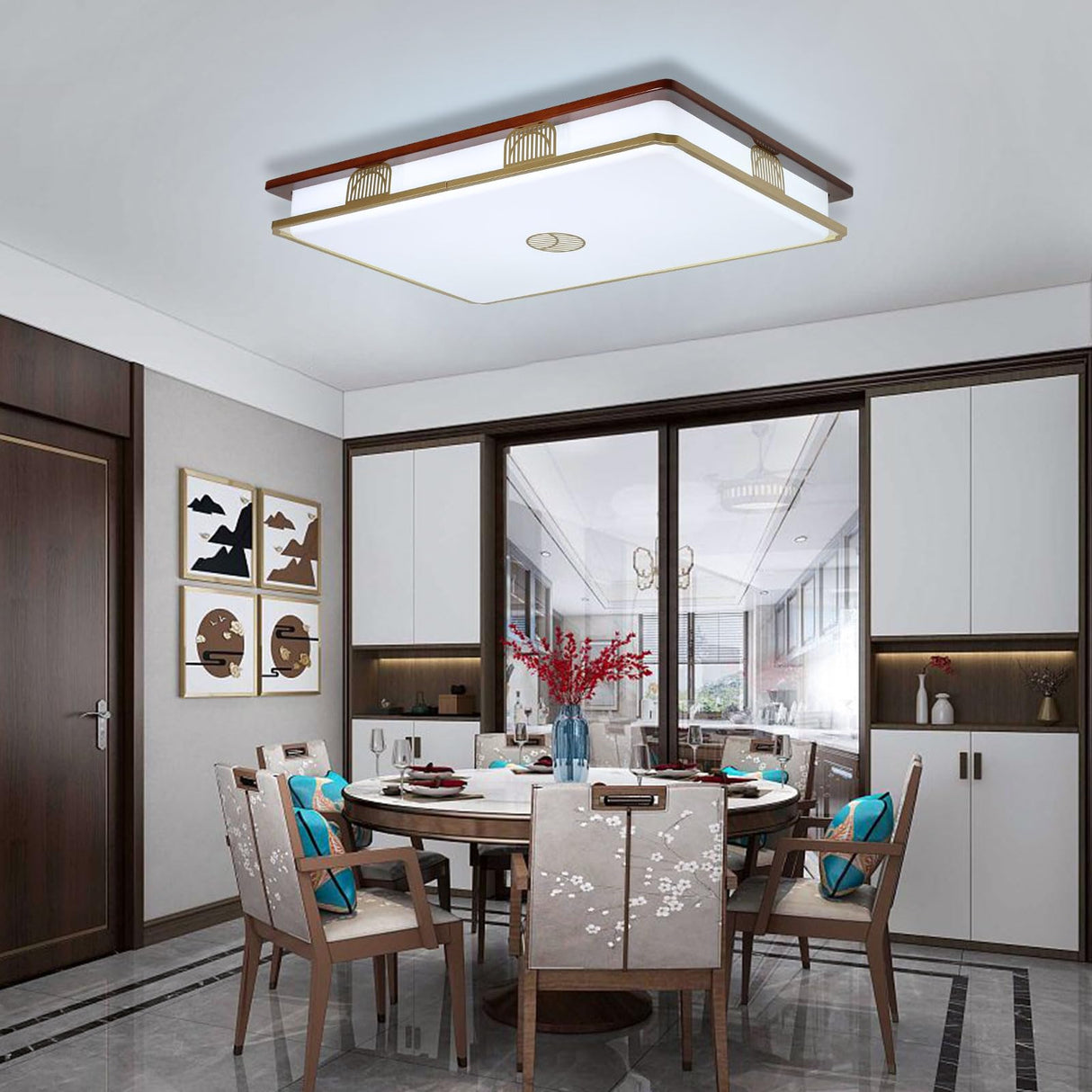 Dimmable Modern LED Ceiling Light, 38'' Large Rectangular Ceiling Lamps with Remote Control, Wood Flush 3000K-6000K Mount Light Fixtures for Living Room Dining Room Bedroom kangten