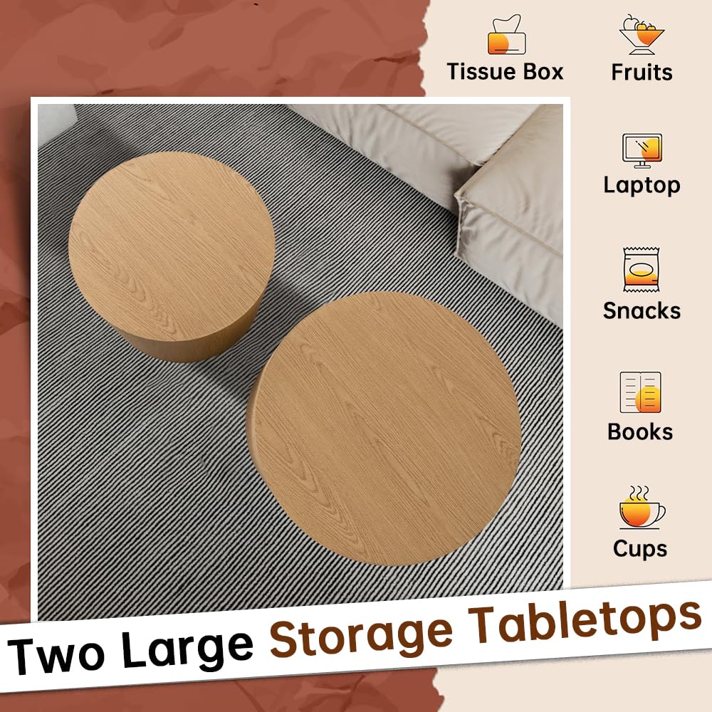 Round Nesting Coffee Table Set of 2 Modern Small Round Coffee Table Round End Table Small Side Table Circle Coffee Table Circular Nested Coffee Table for Living Room (Light Wood) YYZIWYUN