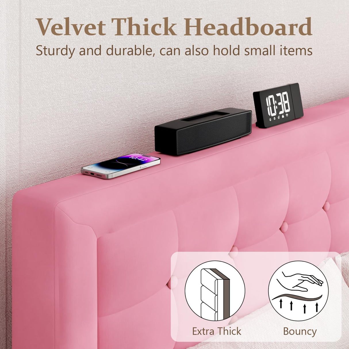 CXVX Full Size Bed Frame with Headboard, Platform Bed Frame with Velvet Upholstered Button Tufted Headboard, Wood Slats Support, No Box Spring Needed, Mattress Foundation, Easy Assembly, Pink CXVX