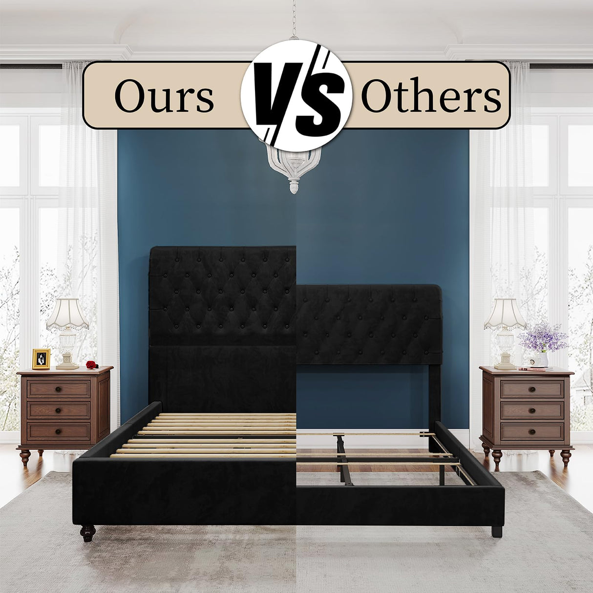 PaPaJet King Bed Frame Upholstered Platform Bed Frame with 52.8'' Tall Sleigh Headboard, Button Tufted, No Box Spring Needed, Easy Assembly, Black PaPaJet