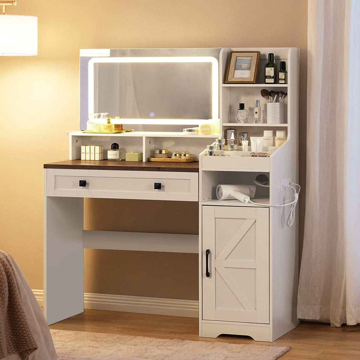 HOOBRO White Vanity Desk with Mirror and Lights, Farmhouse Vanity Makeup Desk with Charging Station, 41.5" Makeup Vanity Desk with Lighted Mirror, Power Outlet HOOBRO