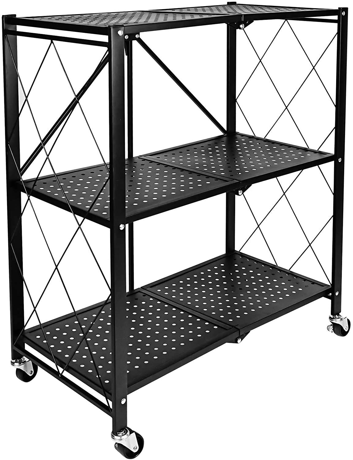 HealSmart Heavy Duty 3-Tier Foldable Metal Rack, 14.96" D x 27.95" W x 34.25" H Storage Shelving Unit 750 lbs with Wheels Moving Organizer Shelves for Garage Kitchen, Black HealSmart