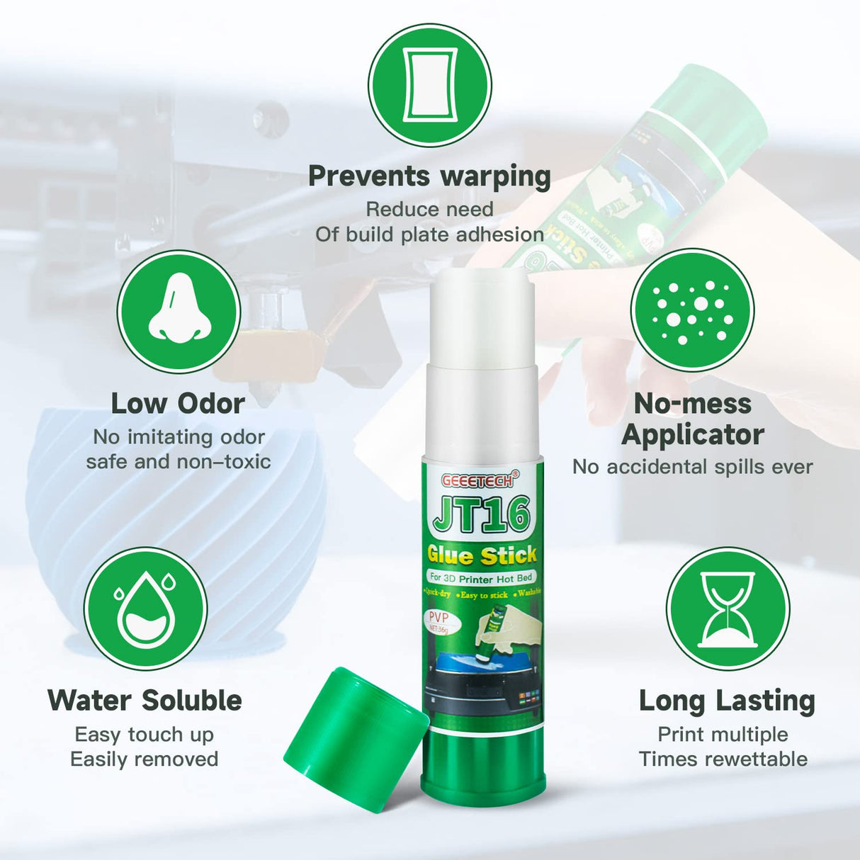 3D Printer Glue Sticks 3 Pieces for Glass, PEI Sheet, Aluminum Build Plate, Solid Adhesive for PETG, PLA, TPU, ABS Filament, 1.27oz*3, Washable Stick Glue XZN