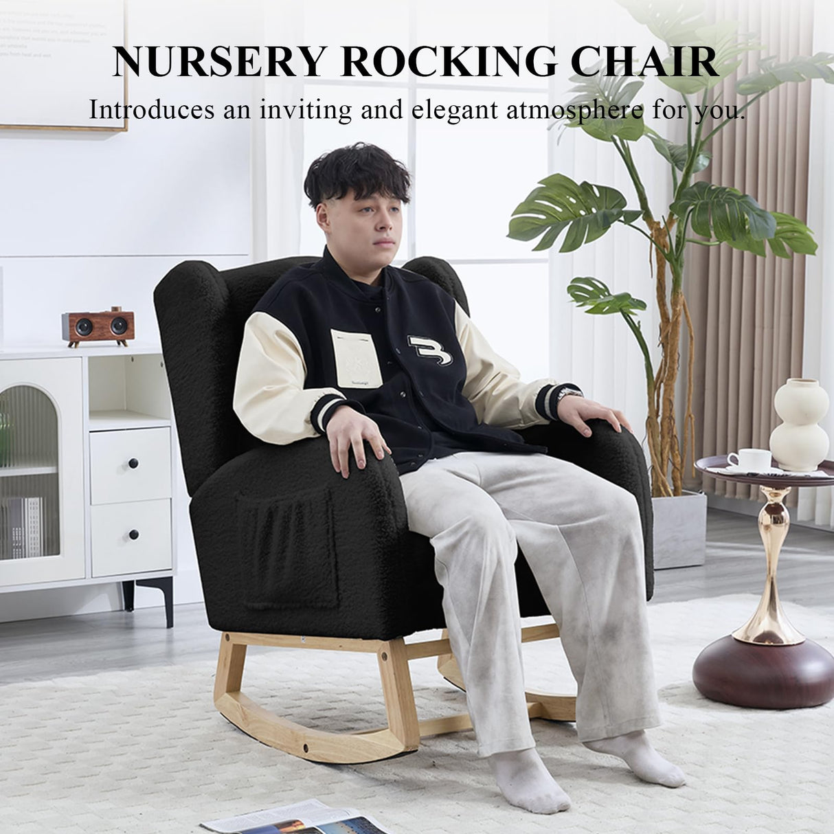 NIOIIKIT Nursery Rocking Chair with Footrest, Teddy Upholstered Glider Chair, Nursery Gliding Recliner with Side Pocket, Glider Rocker for Living Room (Black Teddy) NIOIIKIT
