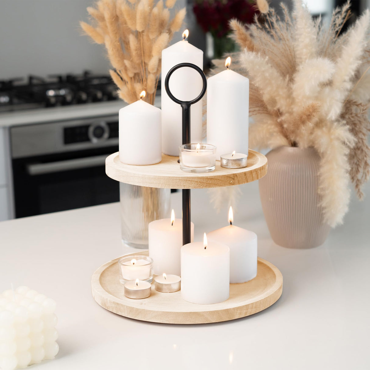 Decorative Wooden Tiered Tray Stand - Beautiful Two Tiered Coffee Table Serving Tray Enhances Your Seasonal Modern Farmhouse Decor - The Perfect Centerpiece for Your Fall Table Decorations KIBAGA