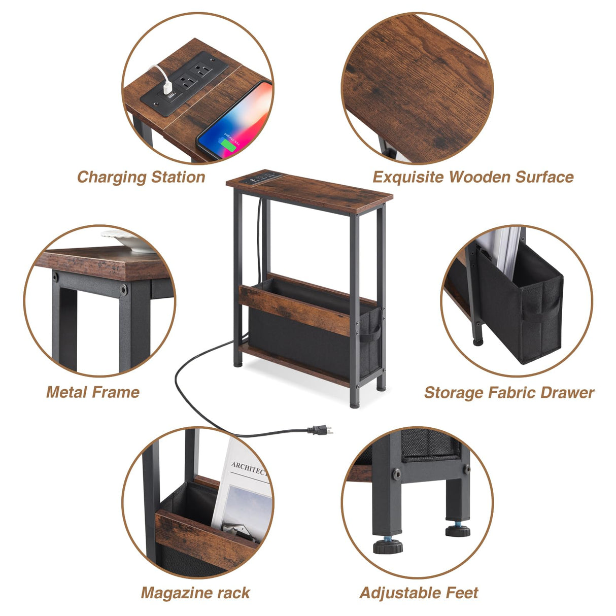 Slim Charging End Table with Storage - For Small Spaces and Bedroom BAMGROW