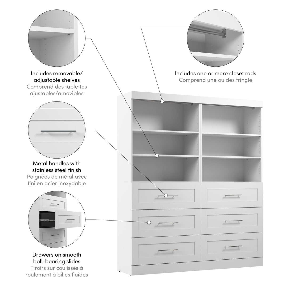 Bestar Wardrobe Closet Organizer System 72-inch with Drawers for Bedroom, Entryway, Pur Collection, Modern, White Bestar