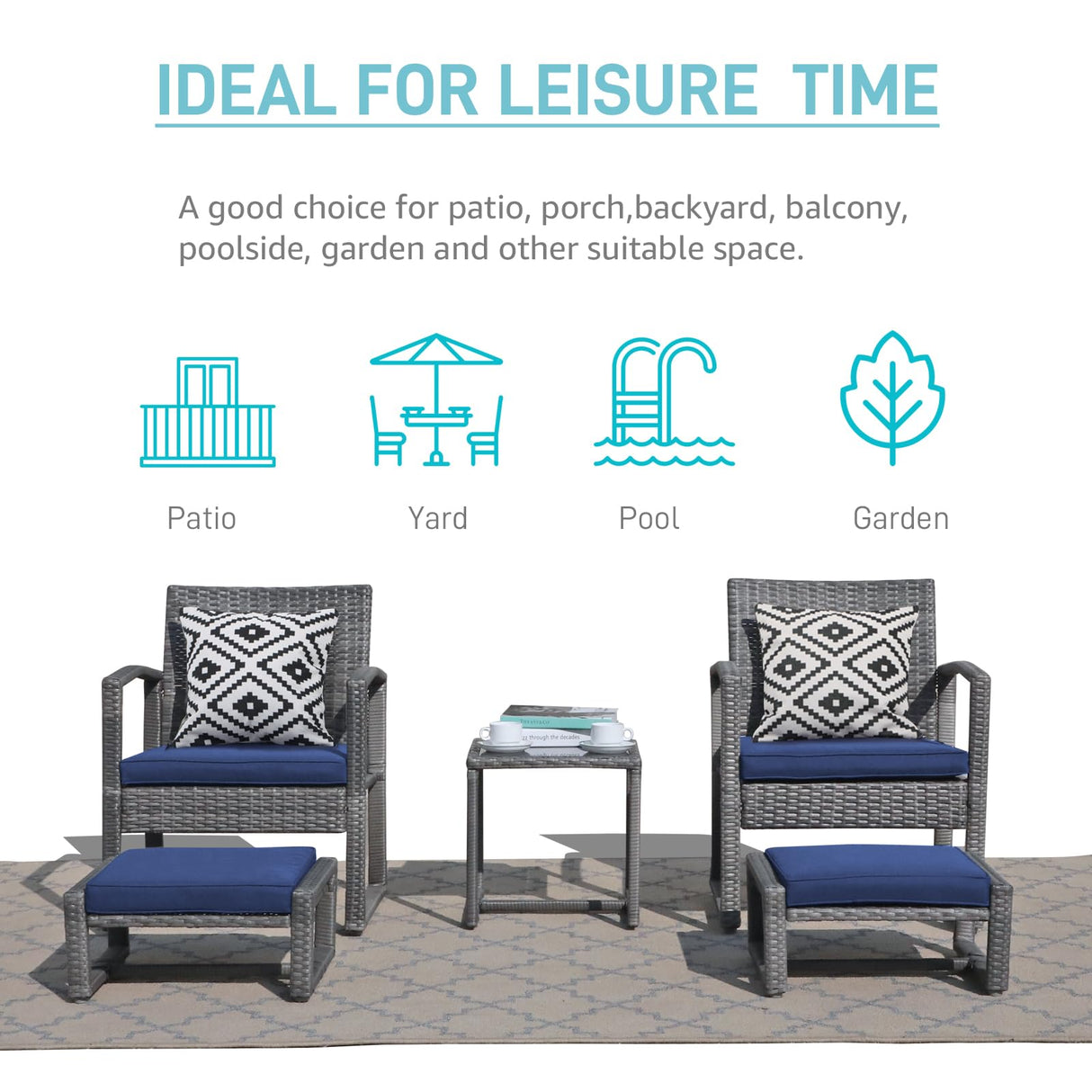 Patiorama 5 Piece Outdoor Patio Wicker Furniture Set, All Weather Grey PE Rattan Chair and Ottoman Footstool Set, W/Coffee Table, Cushions (Navy Blue) for Garden, Balcony, Porch, Space Saving Design Patiorama