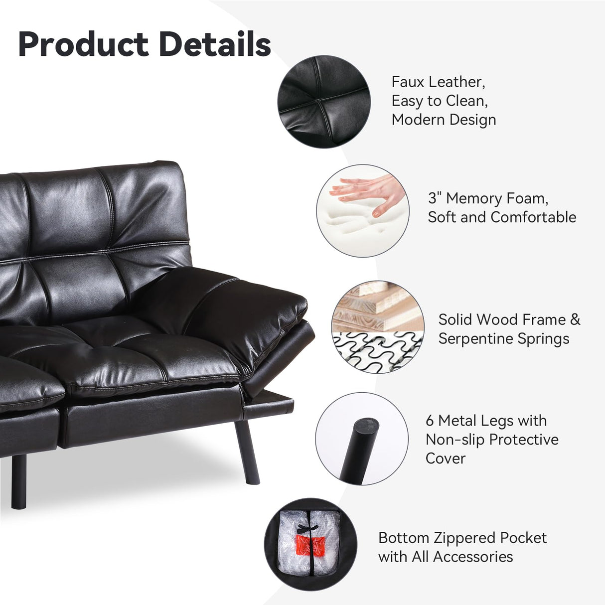 Cozysnooze Convertible Futon Sofa Bed Couch,Faux Leather Futon Sofa Couch,Memory Foam Futons,Small Splitback Modern Loveseat Sleeper Couch Bed for Living Room,Office,Apartment,Bright Black Cozysnooze