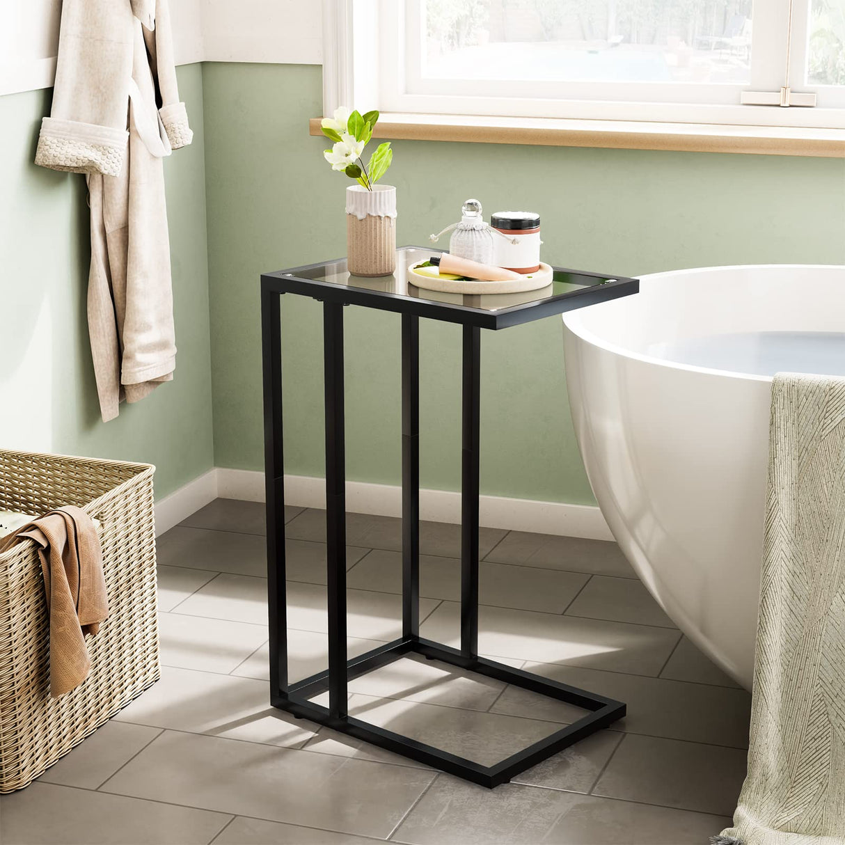 HOOBRO C Shaped End Table Set of 2, Tempered Glass Snack Side Table with Metal Frame, TV Tray Table for Small Space, Sofa Couch and Bed, Modern Style, Black BK03SFP201 HOOBRO