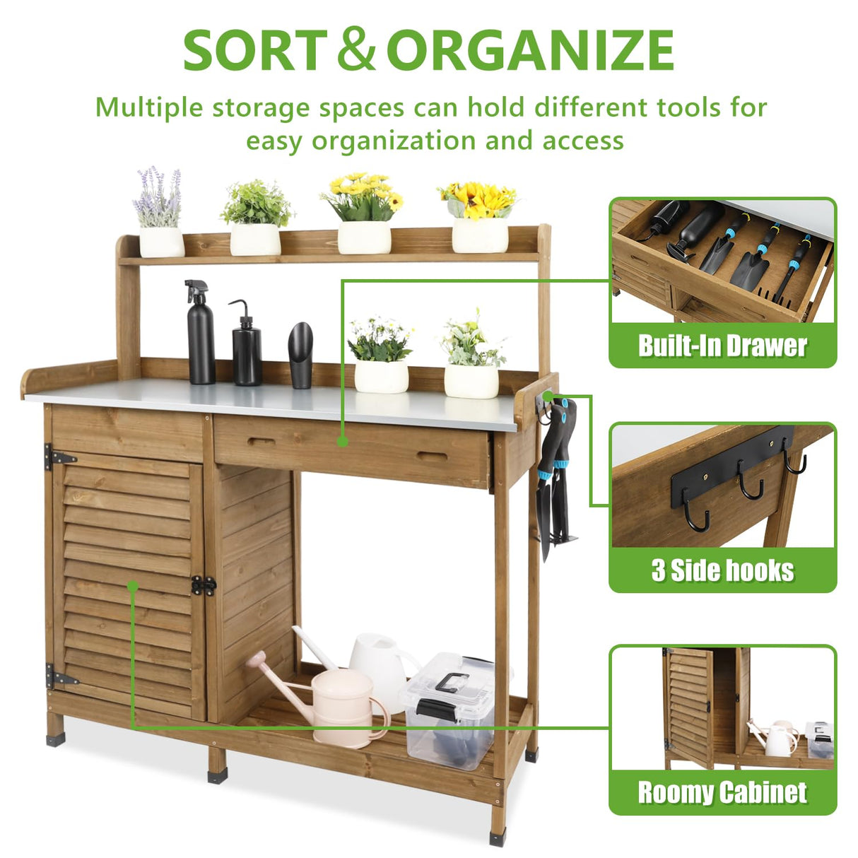 PetsCosset Garden Potting Benche Table Outdoor Wooden Work Station W/Metal Table top,Cabinet,Drawer,Large Bottom Shelf,Open Shelf Natural Wood-Brown-Brown PetsCosset