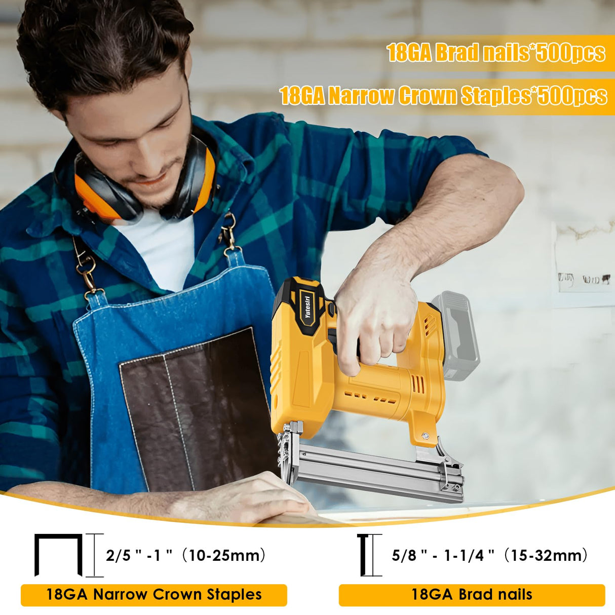 18GA Cordless Brad Nailer Compatible with Dewalt 20V MAX Battery, 2 in 1 Brushless 5/8 to 1-1/4 Inch Cordless Nail Gun with 1000pcs Nails/Staples for Carpentry and Woodworking Projects(Tools Only) Yutesiri