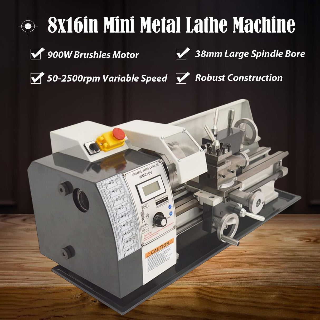 INTBUYING Metal Lathe 8''x16'' Benchtop Mini Lathe Machine Precision Hobby DIY Lathe Industrial Metal Wood Working Table Lathe 900W Brushless 50-2500RPM MT5 Spindle Taper Metric Thread WM210V 110V INTBUYING
