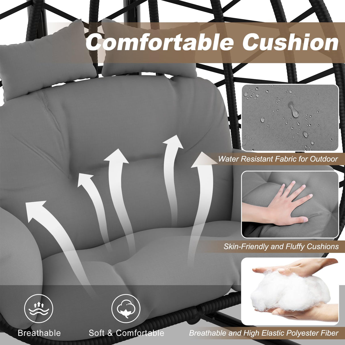 ZENPETIO Double Hanging Egg Chair with Stand, Rattan Wicker Swing with UV Resistant Cushion and Pillow, for Indoor Outdoor Bedroom Patio Hanging Basket Lovers Seat, Black ZENPETIO