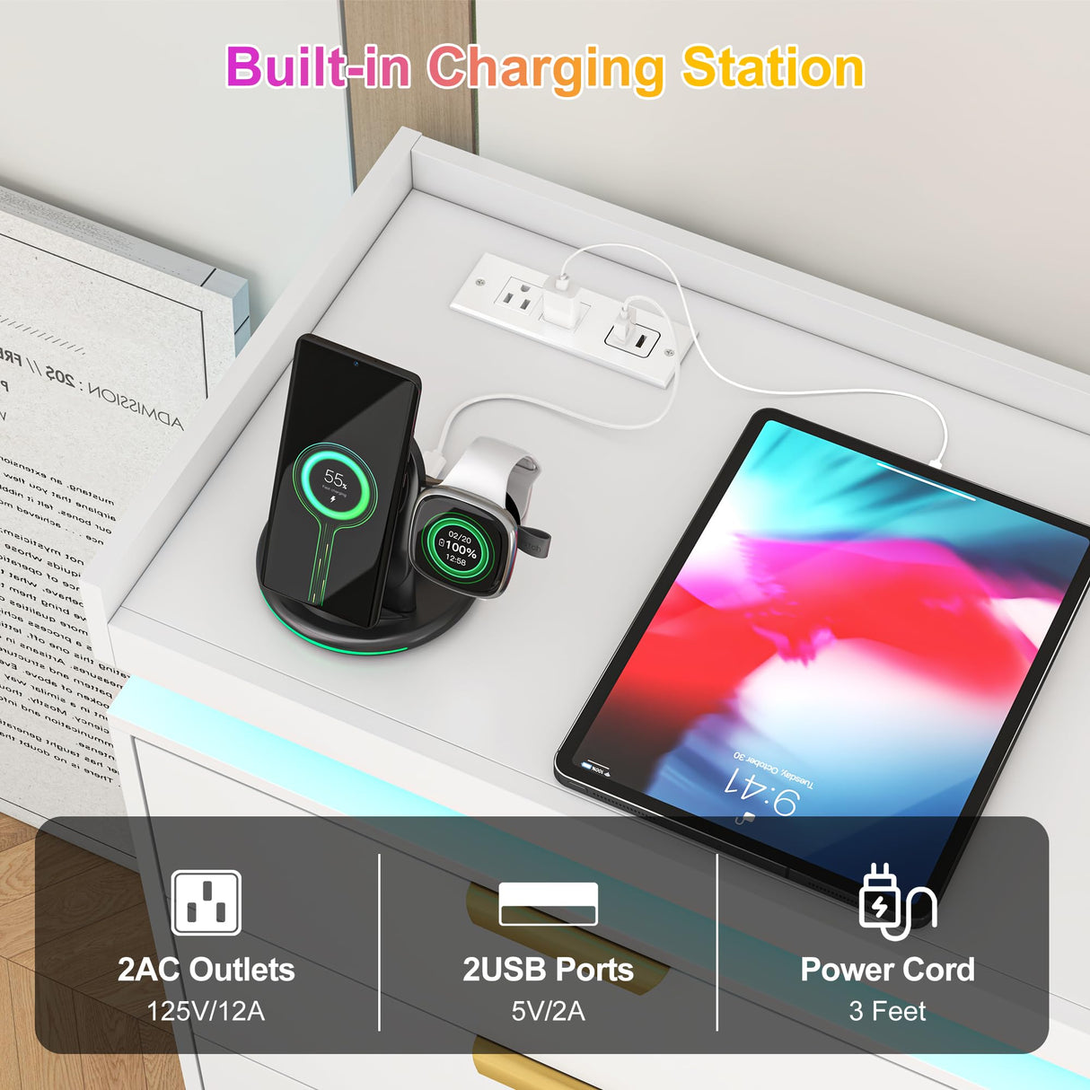 9 Drawer Dresser for Bedroom, White Dresser with LED Lights and Charging Station, Modern Chest of Drawer, Wood Triple Wide Drawer Organizer Cabinet for Bedroom, Living Room, Entryway, Hallway knoworld