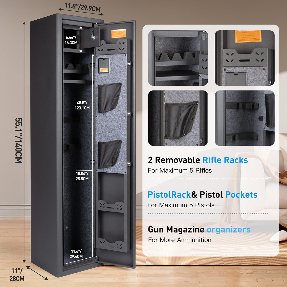 Mutak 4-5 Rifle Gun Safe for Home Rifle and Pistols, Large Capacity Biometric 5 Rifle Safe & 5 Pistols Racks, 4 Ways Quick Access, Gun Cabinet with Alarm & Bright LED (No Assembly Required) Mutak