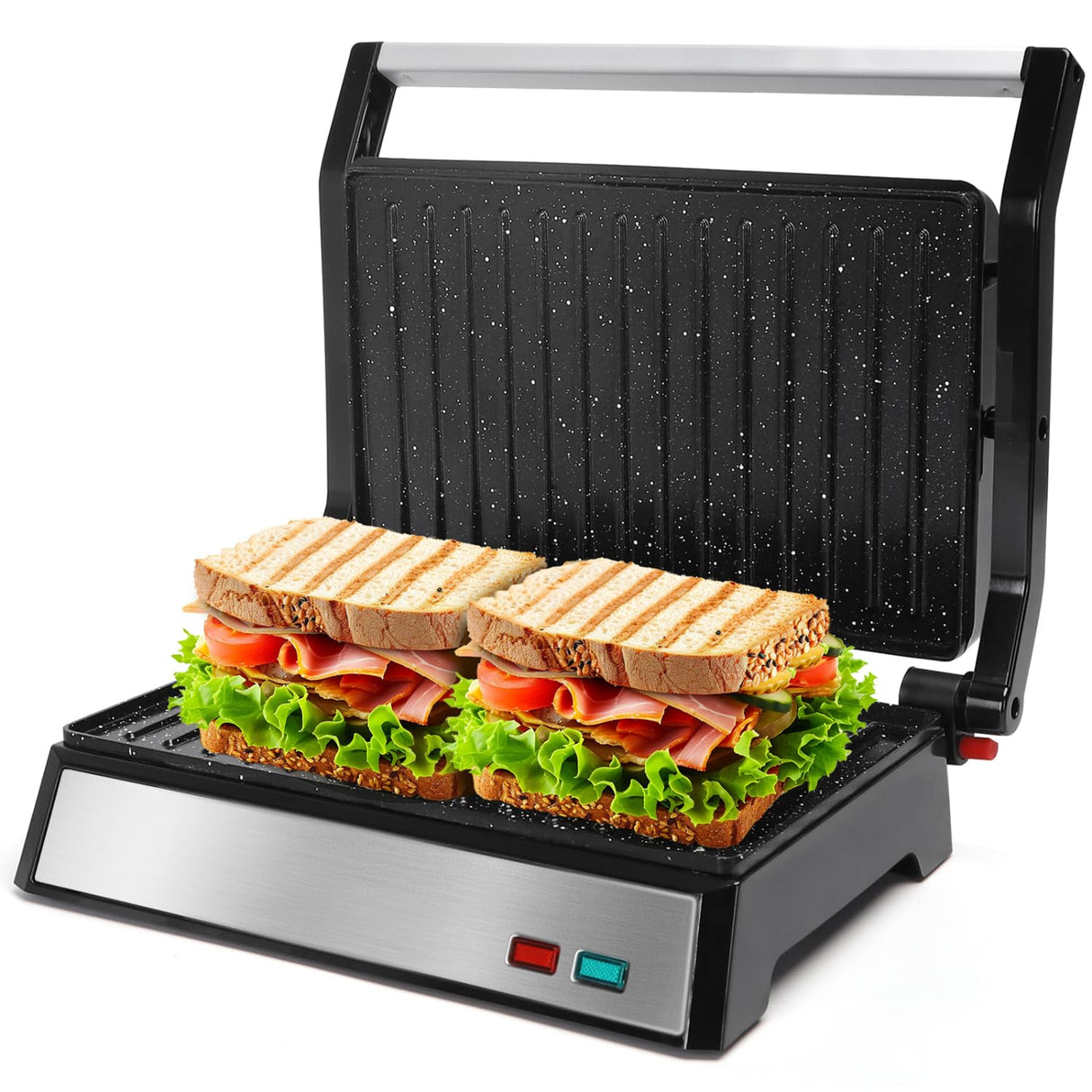 Aigostar Panini Press, 1200W Sandwich Maker and Electric Indoor Grill with Ceramic Non-Stick Coated Plates, Opens 180°to Fit Any Size of Food, Stainless Steel Surface & Removable Drip Tray, Silver Aigostar