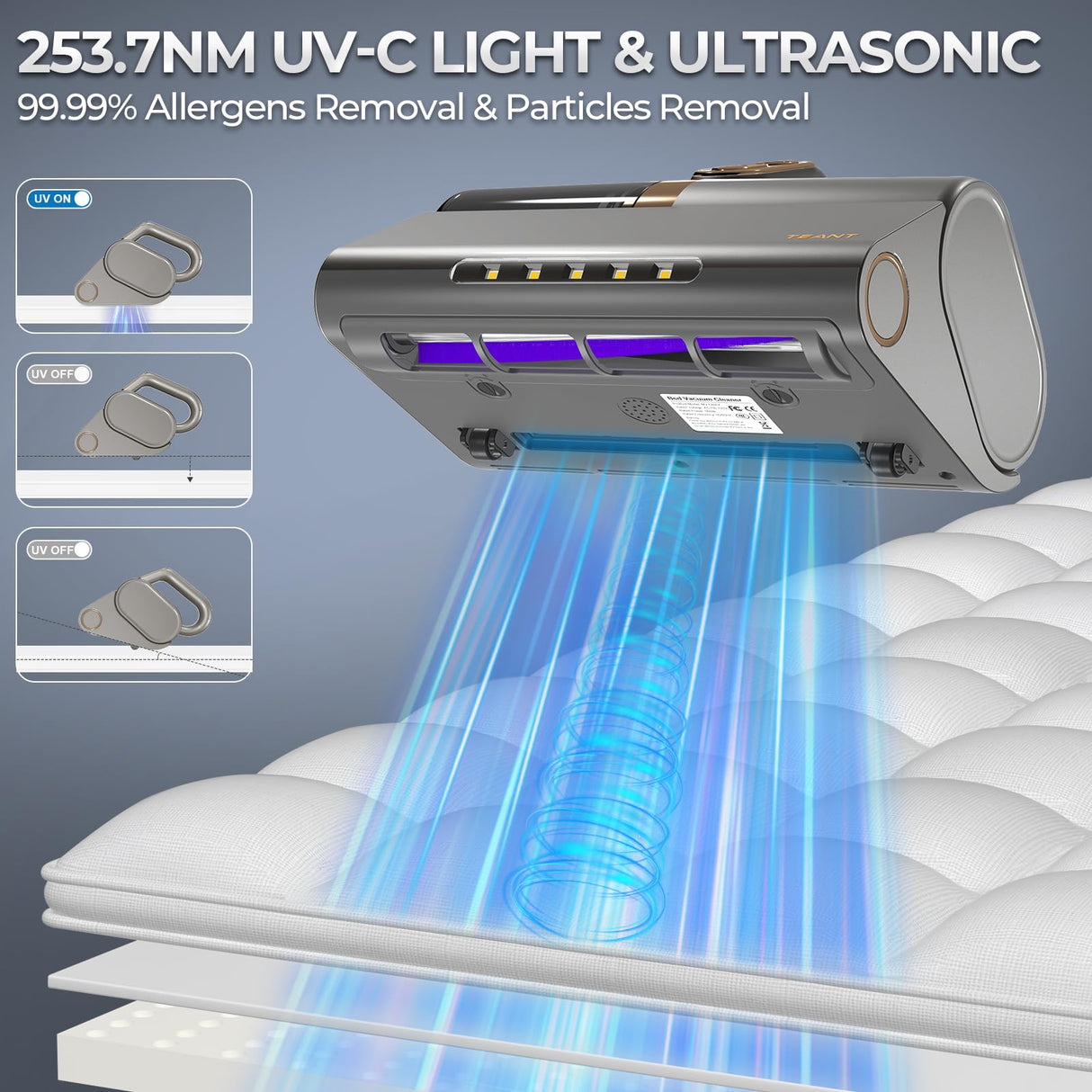 Teant Mattress Vacuum Bed Vacuum Cleaner with 253.7nm UV-C Light, HEPA Filter & 140℉ Heating, 500W & 15Kpa Strong Suction, Lightweight Handheld Vacuum with Dual-Cup Design for Bed and Pet Hair Teant