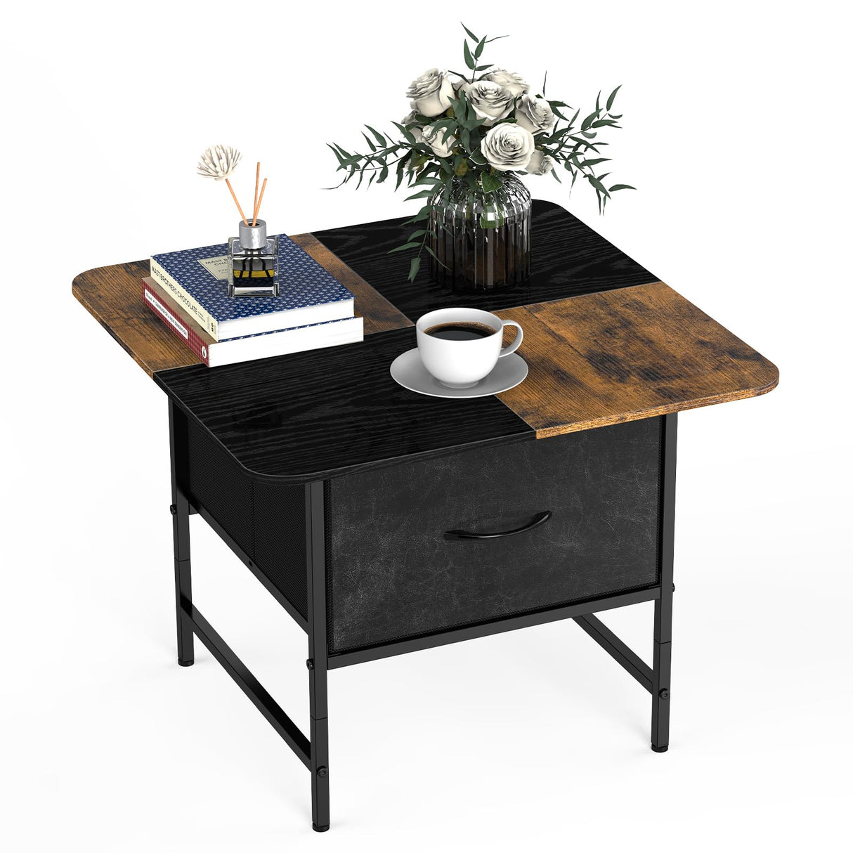SHINOSKE Square Coffee Table with Round Corners,2 Tier Farmhouse Small Coffee Table for Small Space,Modern Low Center Living Room Tables with 2 Storage Drawers for Apartment,Office,Outdoor,Black Brown Shinoske