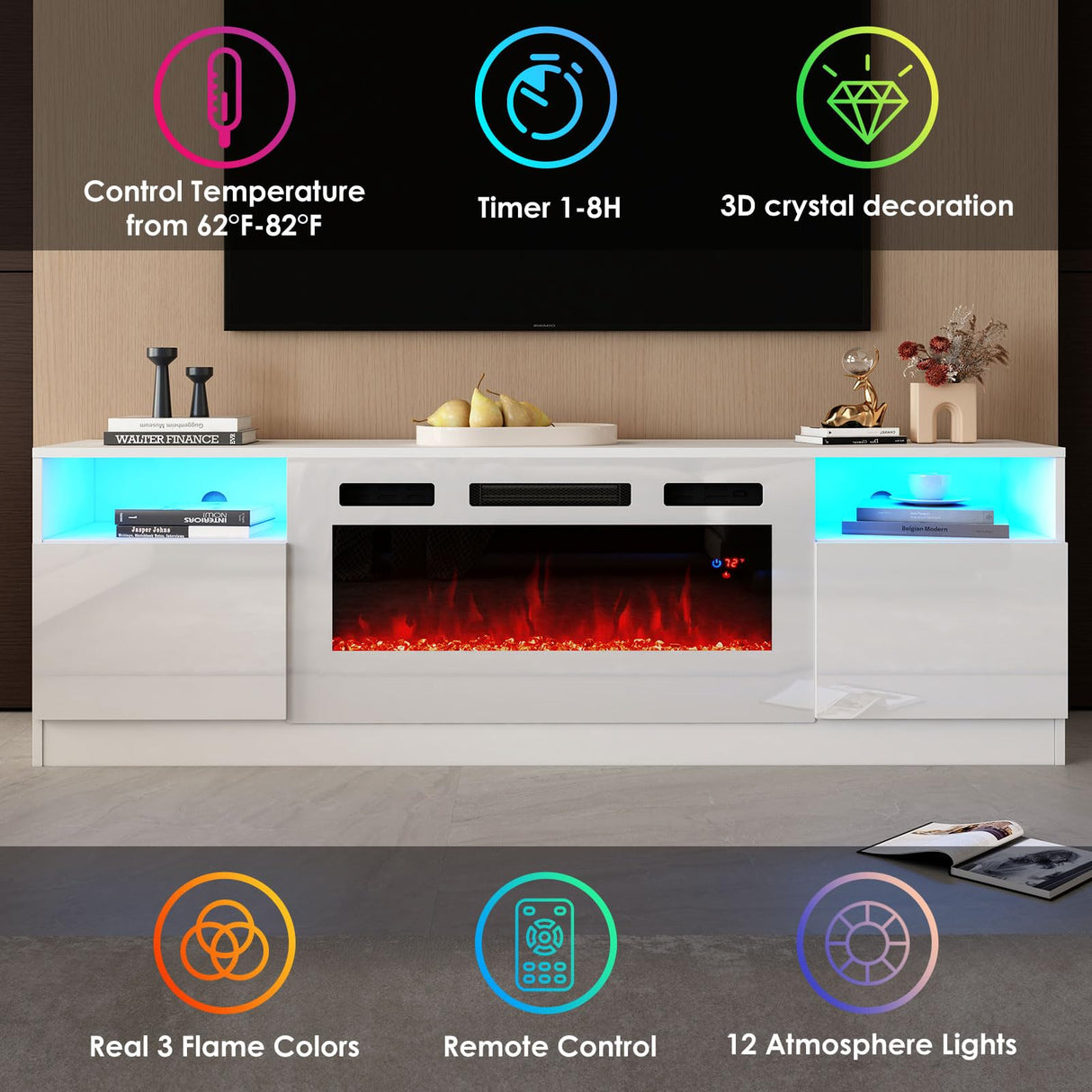 AMERLIFE 80" TV Stand with 40" Electric Fireplace Large Modern Matte Texture Media Entertainment Center with Highlight Storage Cabinet and 12 Colors LED Lights for TVs Up to 90", 80 inches, White AMERLIFE