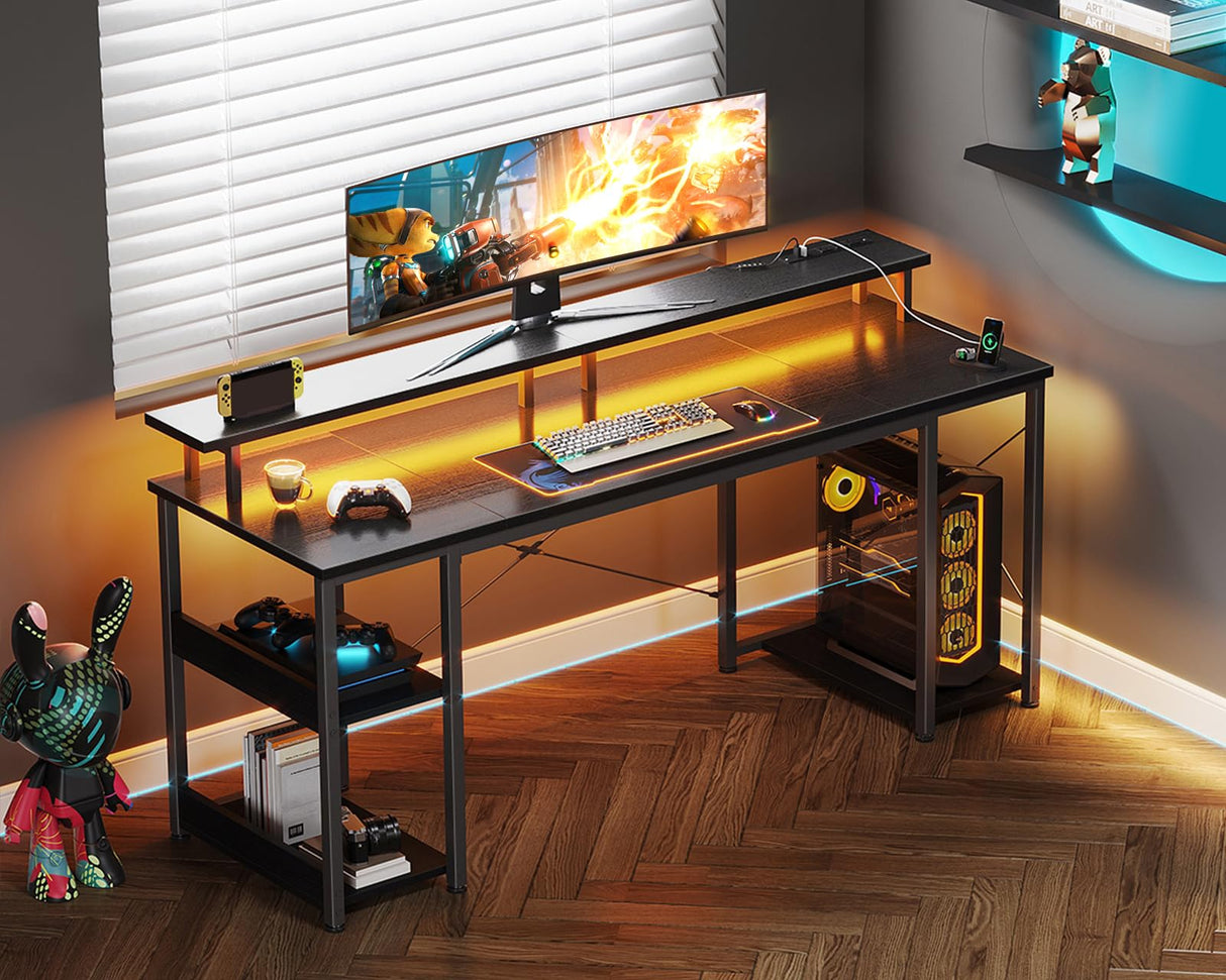 ODK 63 inch Computer Desk with Power Outlets & LED Lights, Gaming Desk with Monitor Stand & Storage Sheves, Home Office Desk, Black ODK