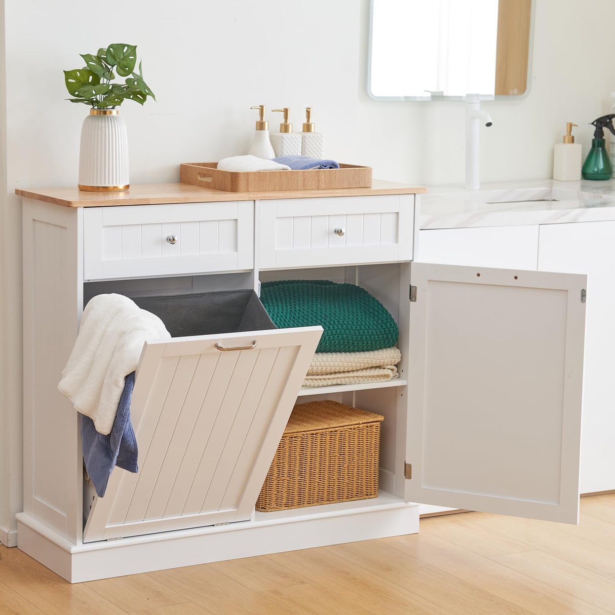 Spurgehom Dual Door Trash Cabinet Kitchen Waste Bins,13 Gallon Laundry Hamper Tilt Out Trash Can Cabinet, Pet Proof Trash Can for Living Room,White Spurgehom