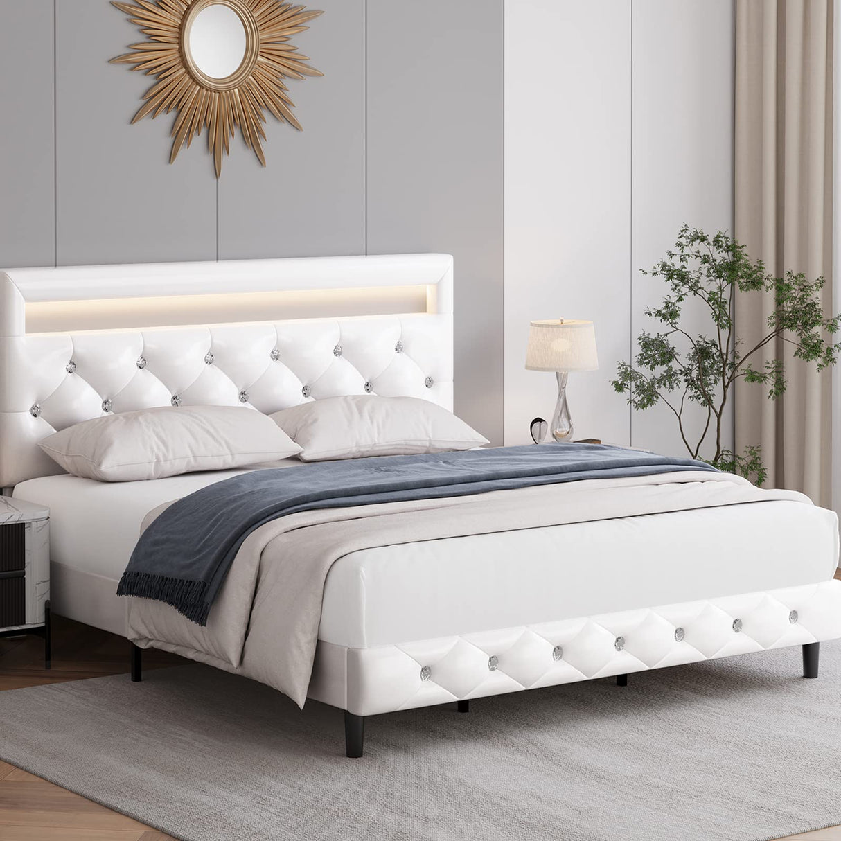 Keyluv Modern Upholstered Queen Bed Frame with LED Lights, Faux Leather Low Profile Platform Bed Frame, Adjustable Crystal Button Tufted Headboard, Strong Wood Slat Support, Easy Assembly, White Keyluv