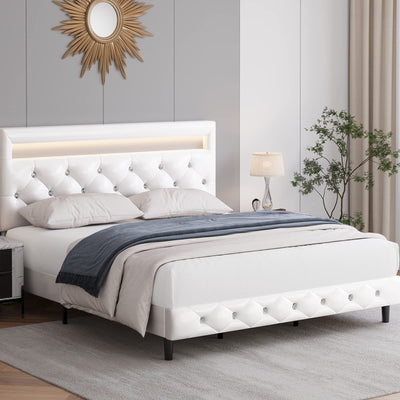 Keyluv Modern Upholstered Queen Bed Frame with LED Lights, Faux Leather Low Profile Platform Bed Frame, Adjustable Crystal Button Tufted Headboard, Strong Wood Slat Support, Easy Assembly, White