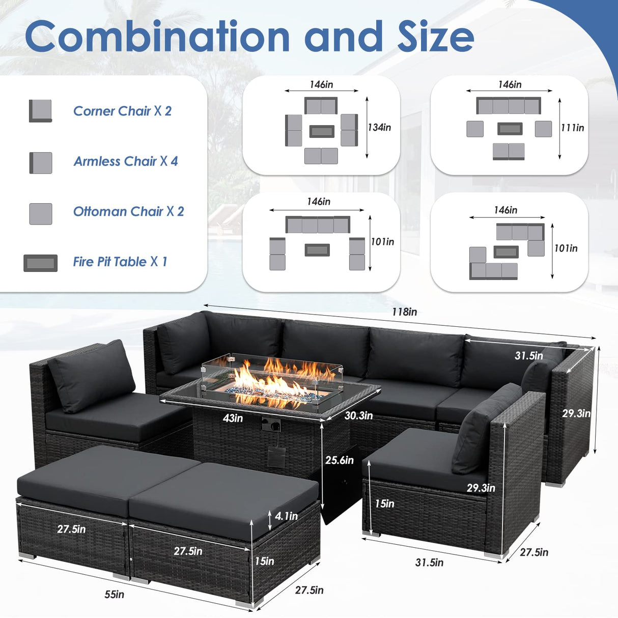 RADIATA 9 Piece Wicker Patio Furniture Set with Fire Pit, All-Weather Outdoor Sectional Couch High Back Large Size, Modular Backyard Seating Sofa Set with Propane/Natural Gas Firepit Table, Grey&Black RADIATA