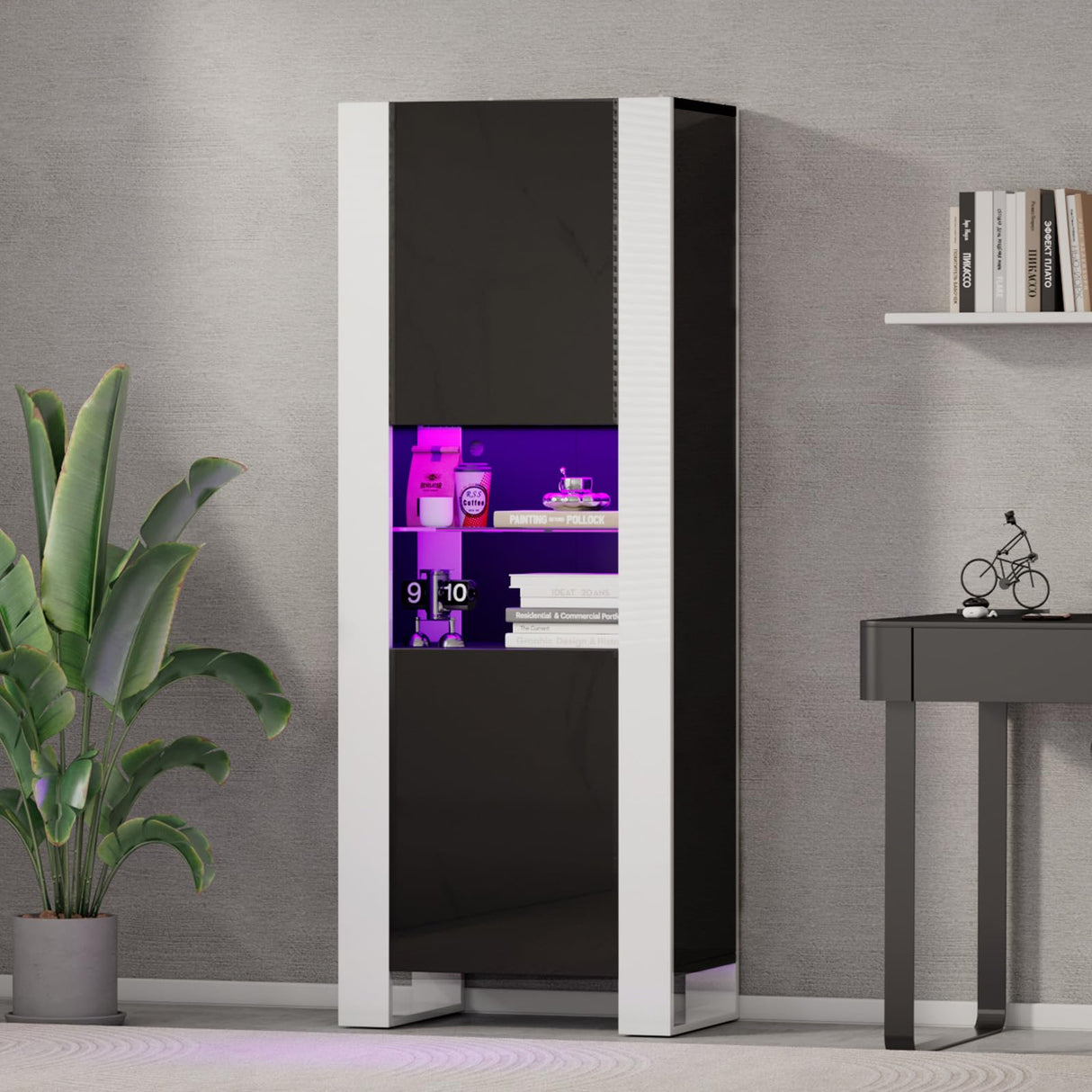 AMERLIFE Modern LED Bookcase, 68in Storage Cabinet with 6 Tiers for Storage & 3 Adjustable Shelves, High Glossy Display Case for Living Room, Home Office, Study Room, Black AMERLIFE