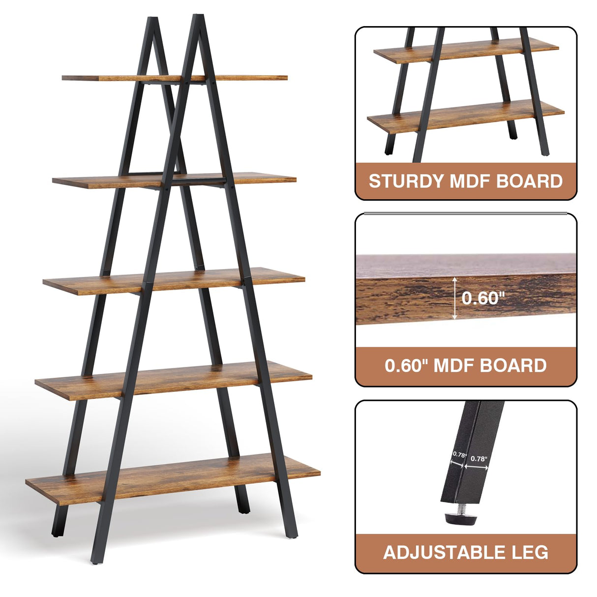 YOUDENOVA 5-Tier Ladder Bookshelf, Industrial A-Shaped Bookcase, Christmas Village Display Stand, Tall Ladder Shelf Storage Organizer for Living Room, Home Office, Black YOUDENOVA
