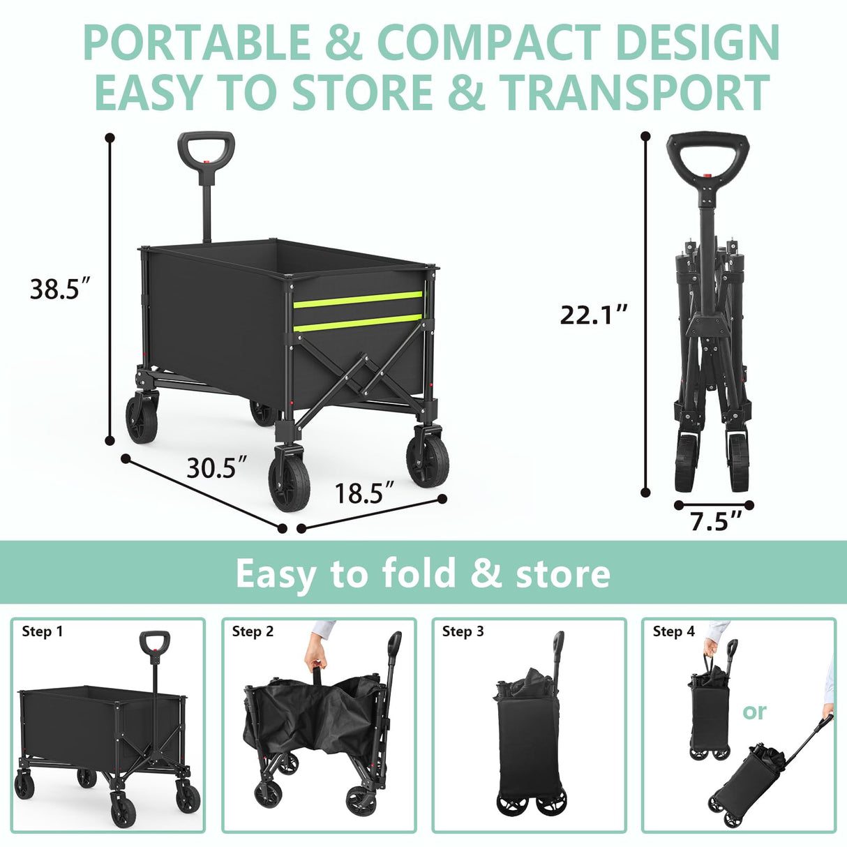 Collapsible Wagon Cart Foldable with 250lbs Weight Capacity, 120L Utility Grocery Shopping Cart with Wheels, Lightweight Portable Folding Wagon for Garden Sports Beach and Camping, Black LUBBYGIM