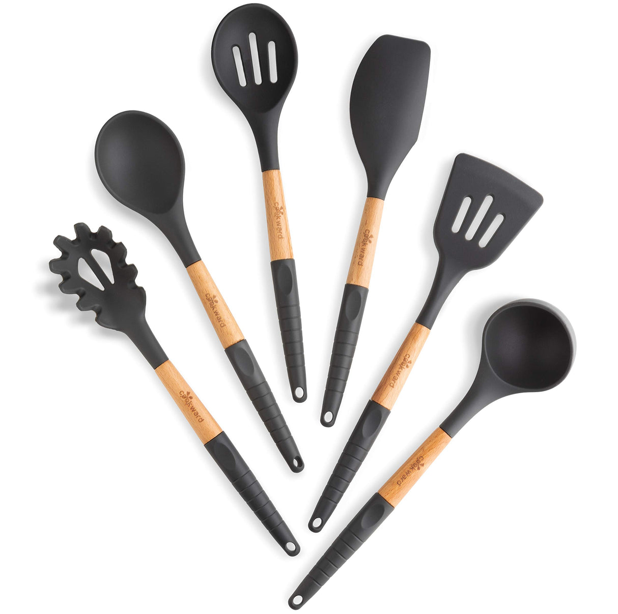 Cookward Silicone Cooking Utensils Set (6 pcs) Natural Wood Kitchen Utensils – Eco Friendly & BPA Free, Non-Scratch & Non-Stick Easy Grip -Black cookward
