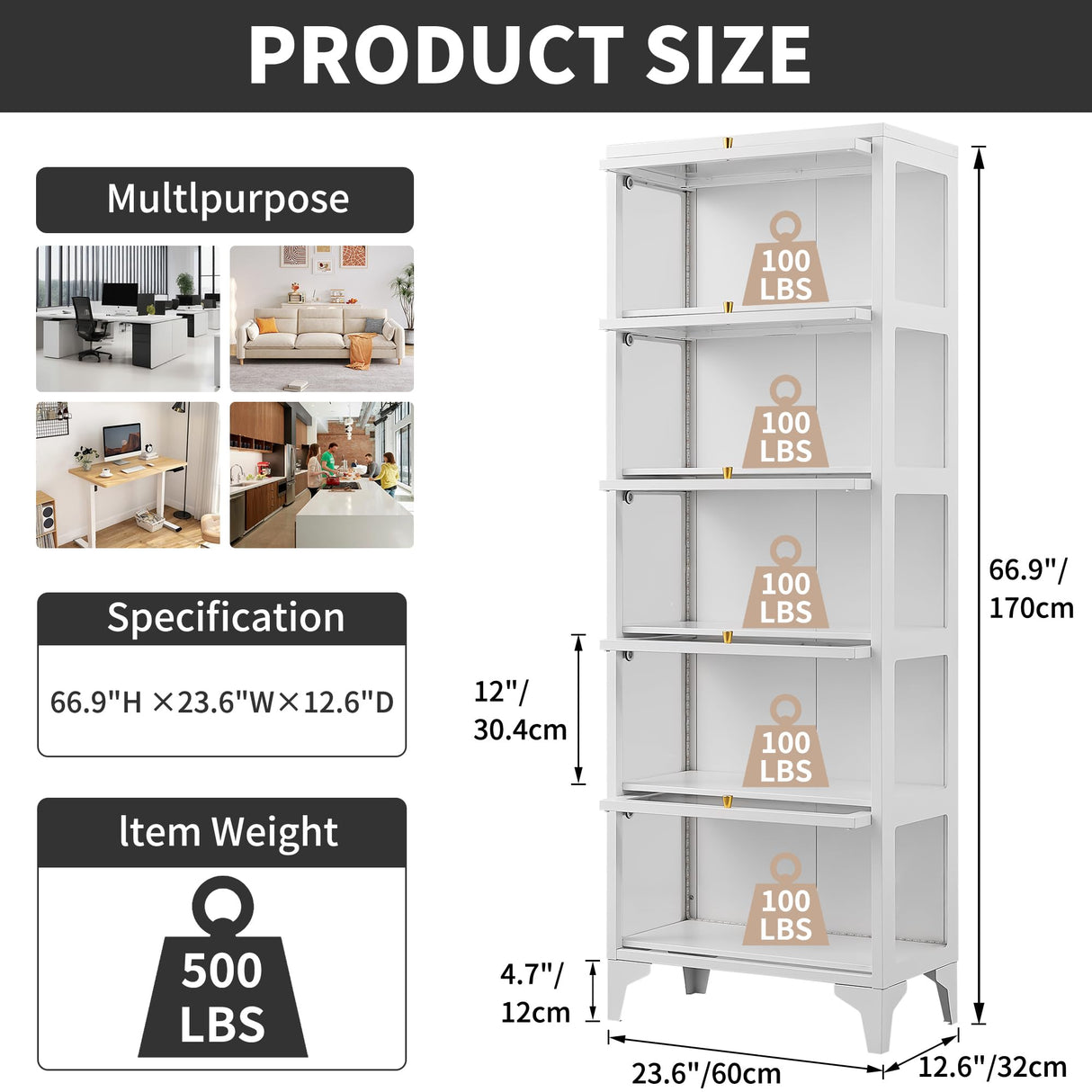Lucky Monet Curio Display Cabinet with 13 Color Lights, 67" 5-Tier Glass Display Cases for Collectibles, Metal Display Shelf with 3 Side Glass, Figure Storage Cabinet, White (White, 5-Tier) Lucky Monet