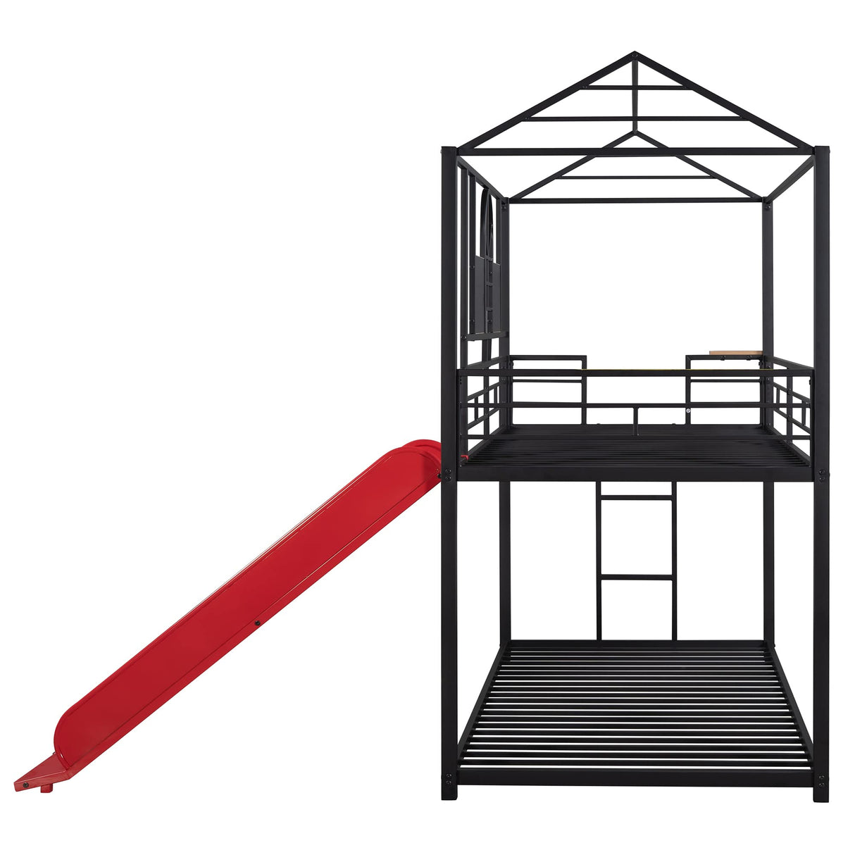 Twin Over Twin Metal Bunk Bed with Slide, House Bunk Bed with Roof and Guardrails for Kids, Teens, Girls, Boys (Black with Red Slide) Bellemave