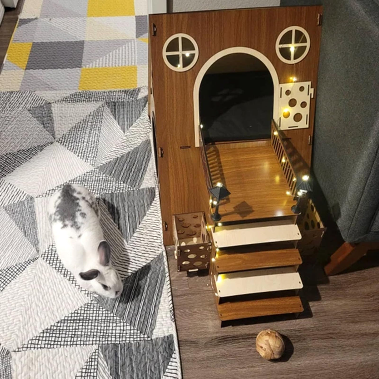 Tnstbiee Large Modern Wooden Rabbit Castle House Hutch - Bunny Hideout Indoor Habitats - Pet 2-Story Home Furniture(Excluding Street Lights) Tnstbiee