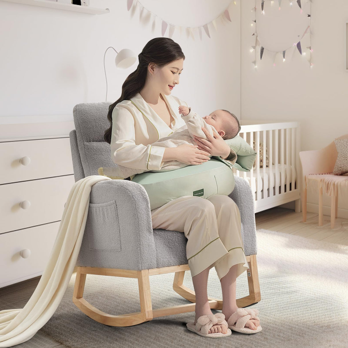 SLEKVERSA Modern Nursery Rocking Chair,Teddy Upholstered Glider with 26" High Backrest, Padded Seat for Living Room, Bedroom, Reading SLEKVERSA