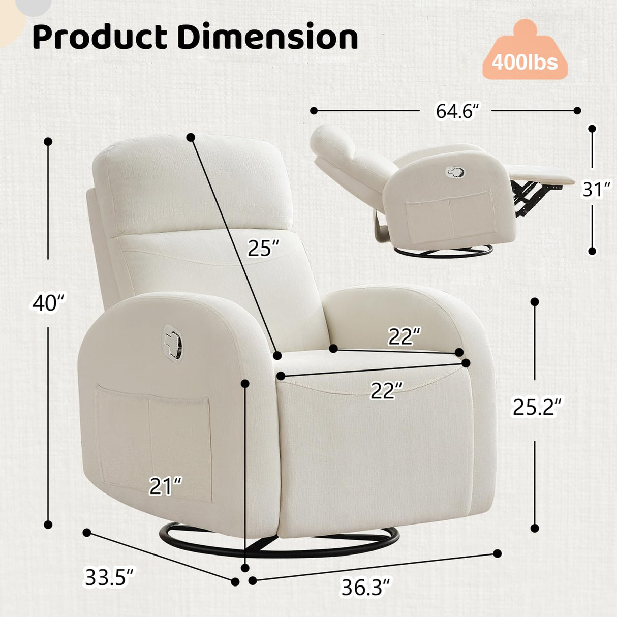 AEMEIOS Swivel Recliner Rocker Nursery, Chenille Nursering Glider Recliner, Manual Swivel Rocking Reclining with Double Pockets for Living Room, Cream White AEMEIOS