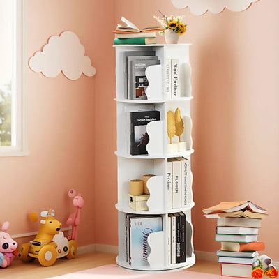 Anwick White Rotating Bookshelf Tower- 4 Tier Spinning Book Shelf for Small Space, 360 Display Circle Floor Standing Bookshelf for Kids & Adults