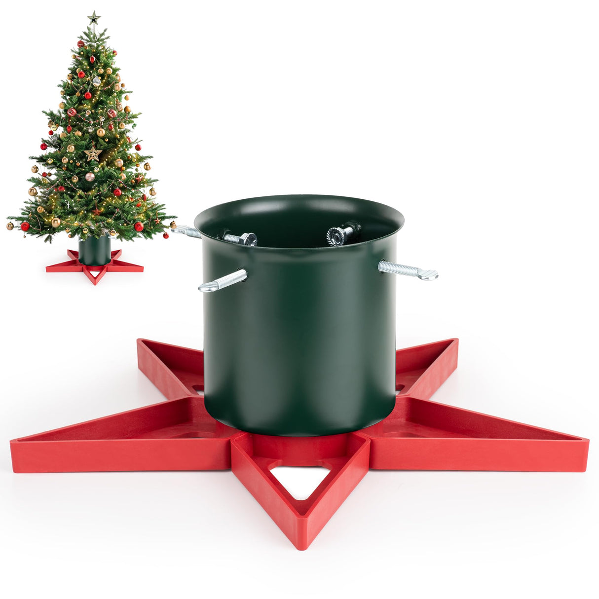 GuuG Real Christmas Tree Stand Base - Live Trees Small Christmas Tree Holder up to 6.5ft Trees for Real Xmas Trees 0.53 Gal Star+ Green&Red GuuG