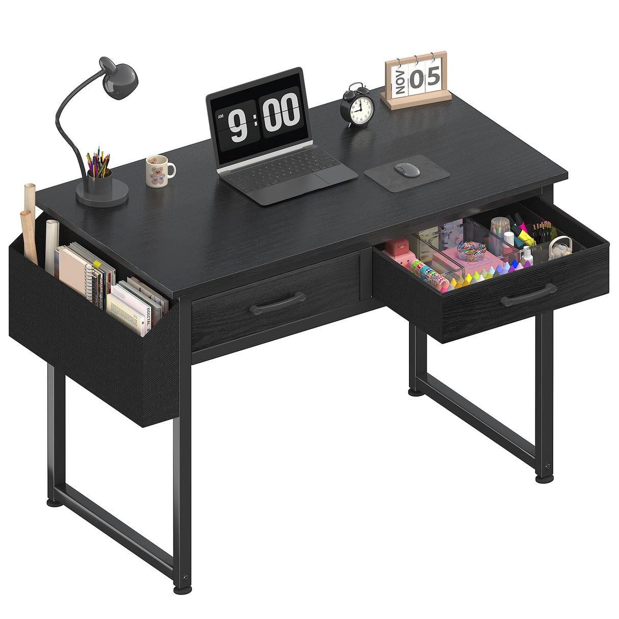 DLisiting Small Desk with Fabric Drawers for Bedroom, 32 Inch Small Gaming Desk with 2 Drawers for Small Space, Study Writing Table PC Desks, Black DLisiting