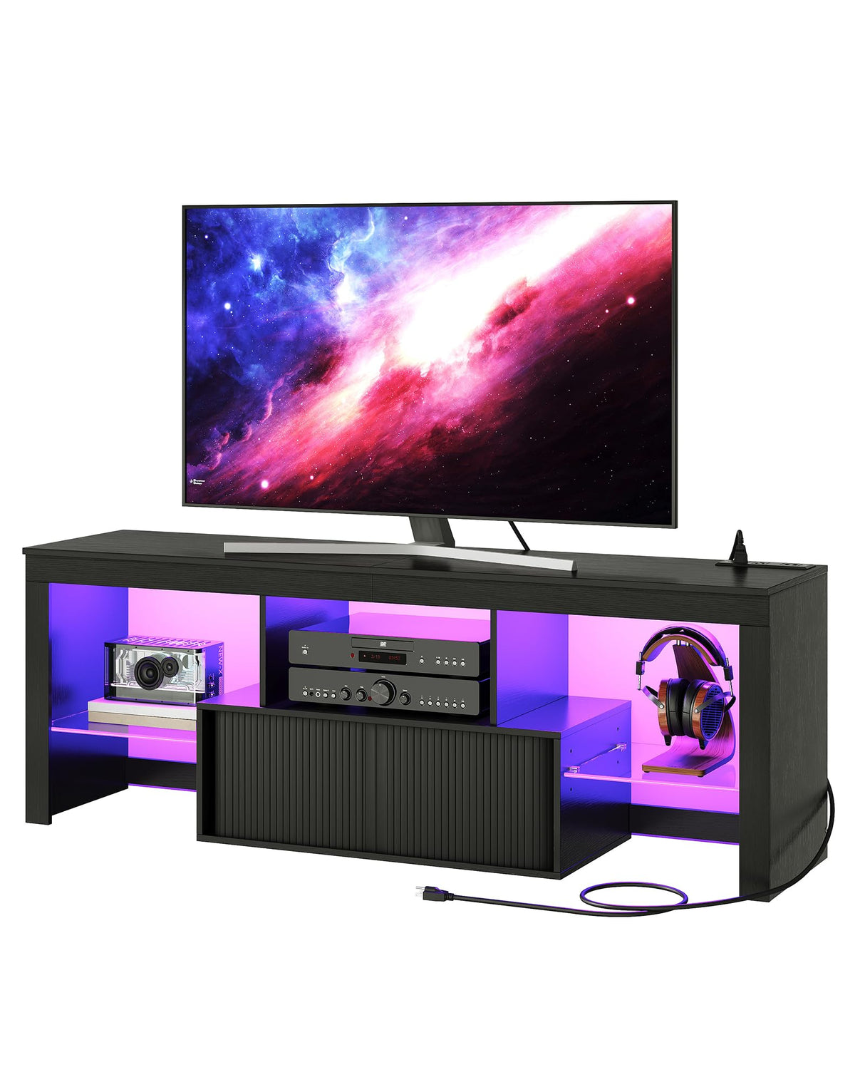 CHOEZON TV Stand with Power Outlet, Modern TV Cabinet for 55 60 inch TVs, Media TV Console with LED Light Strip, Media Entertainment Center with Storage, for Living Room, Bedroom, Black MDS02UDBB CHOEZON