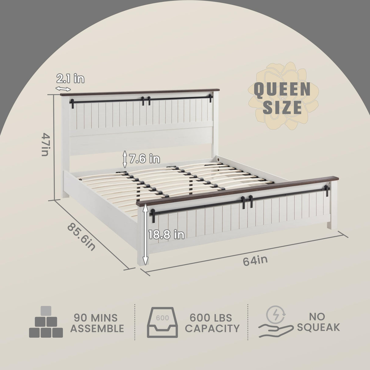IFGET Farmhouse Queen Size Wood Bed Frame with Grooved Sliding Barn Door Design and Sturdy Slats Support, No Box Spring Required (White) IFGET