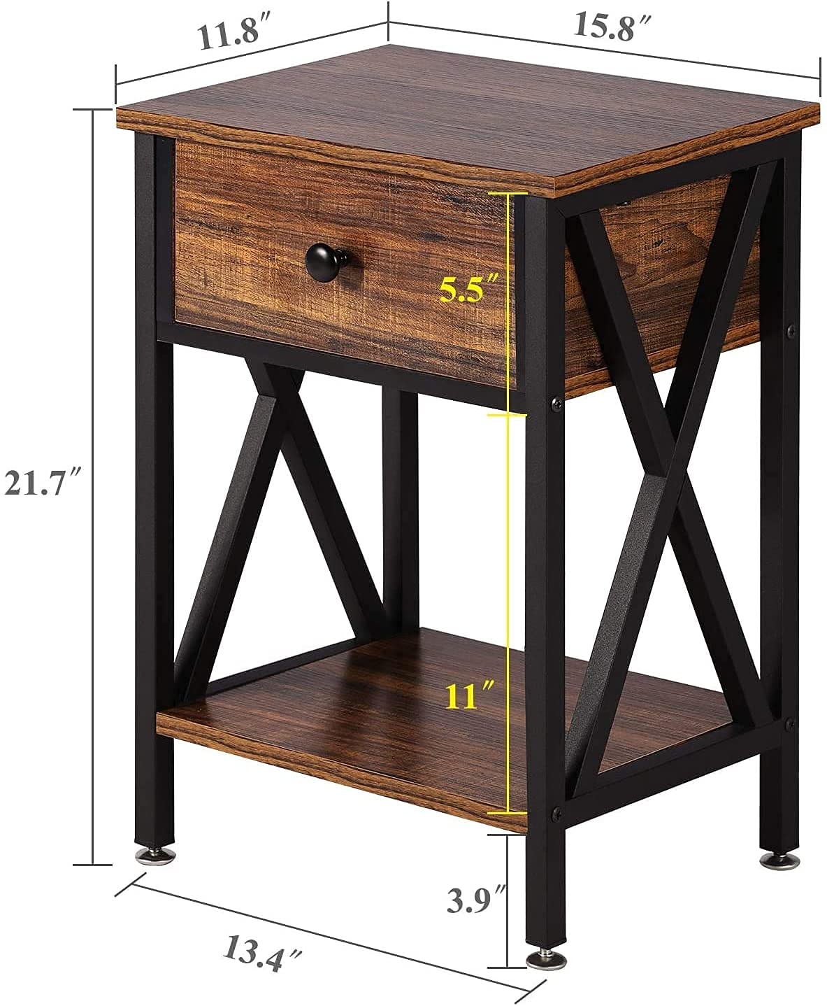 VECELO Nightstands Set of 2, Modern Bedside End Tables, Night Stands with Drawer and Storage Shelf for Living Room Bedroom, Industrial Metal Frame VECELO