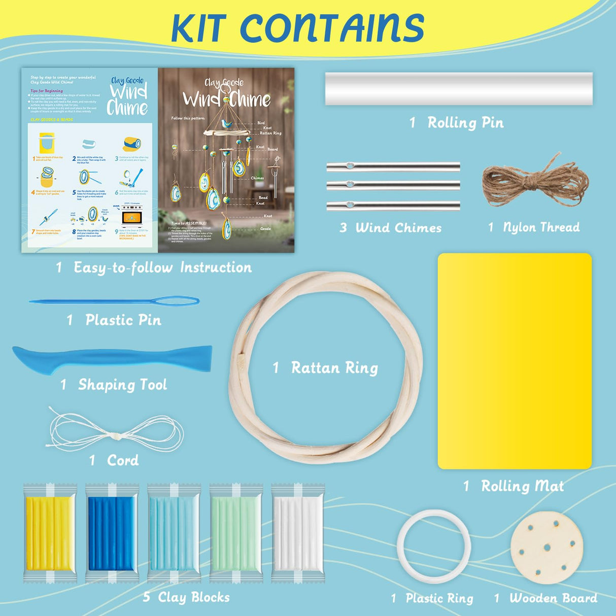 EDUMAN Make Your Own Clay Geodes Wind Chime for Home Garden Decoration, Arts and Crafts for Kids Ages 8-12, Wind Chime Craft Kit for Kids Learning & Educational Project Birthday Gifts for Boys & Girls EDUMAN