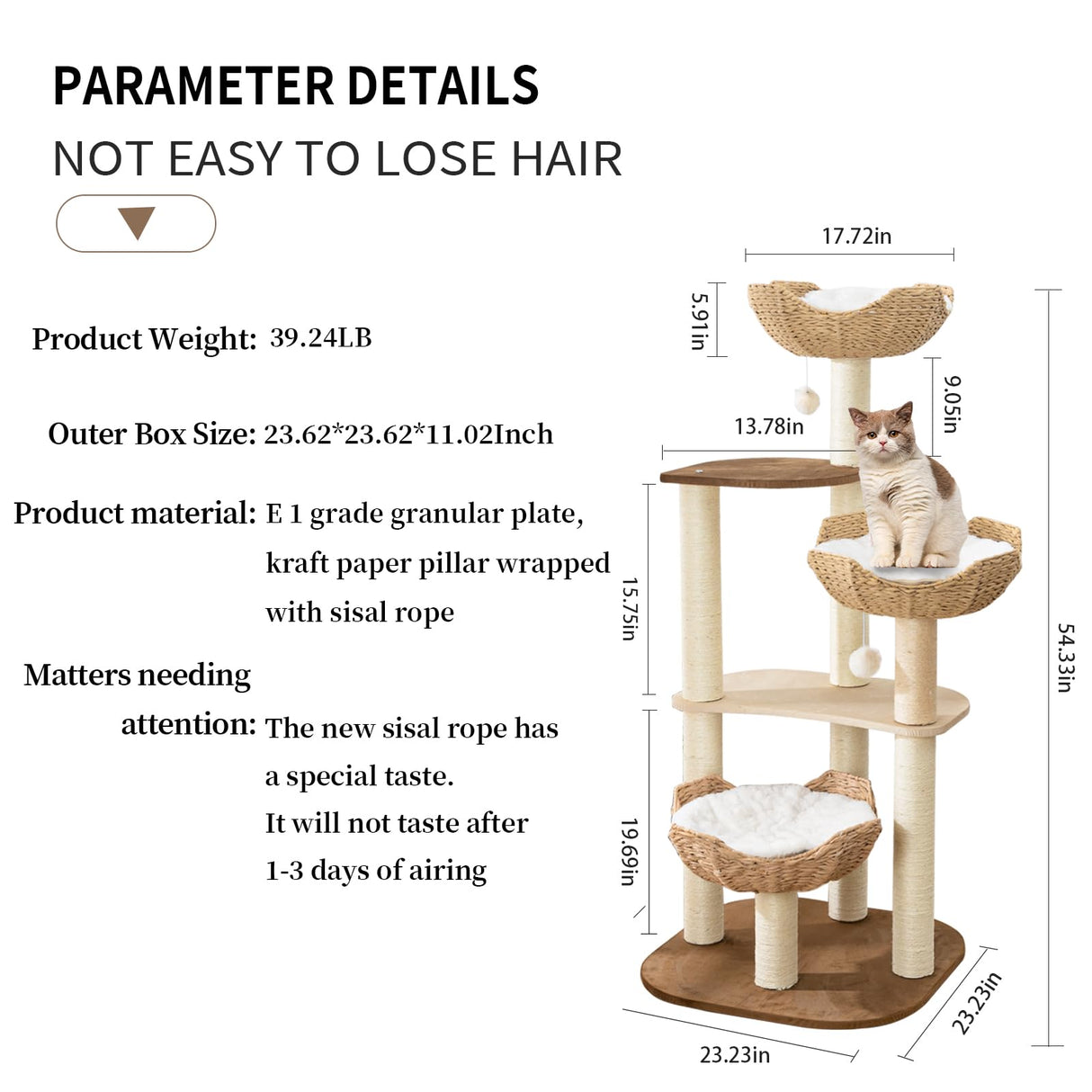 Big Modern Design Cat Tree Tower with White Cloud Mat, Unique Cat Supplies Tower with Scratching Post, Cute Wood Cat Tree Cat Furniture Activity Centre for Indoor Big Cats SHODMI