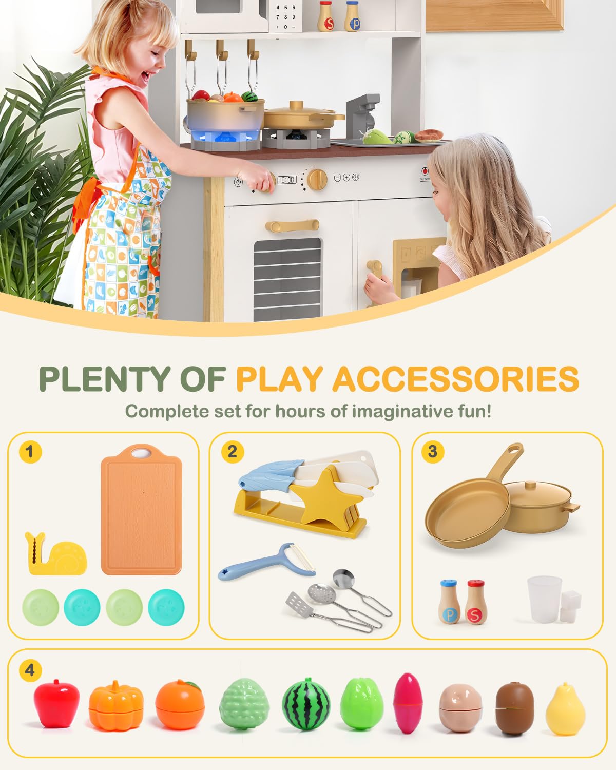 Babytronic Kids Play Kitchen, Wooden Kitchen Playset for Kids Ages 3+ with Real Lights, Sounds, Stove, Sink, Oven, and 30 Pcs Accessories, Toys Kitchen Small Pretend Play Kitchen for Toddlers (White) Babytronic