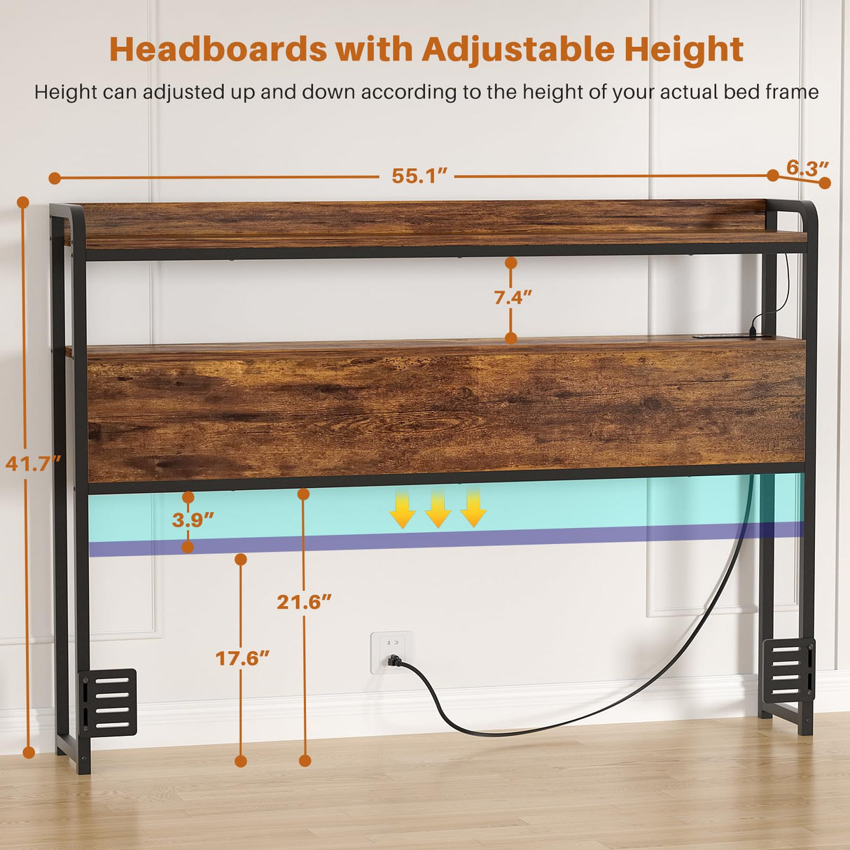Aheaplus Headboard for Full Size Bed Frame, Headboards with Outlets, USB Ports and LED Light, Head Board with Storage, Height Adjustable, Sturdy and Stable Headboard, Full Size, Rustic Brown Aheaplus