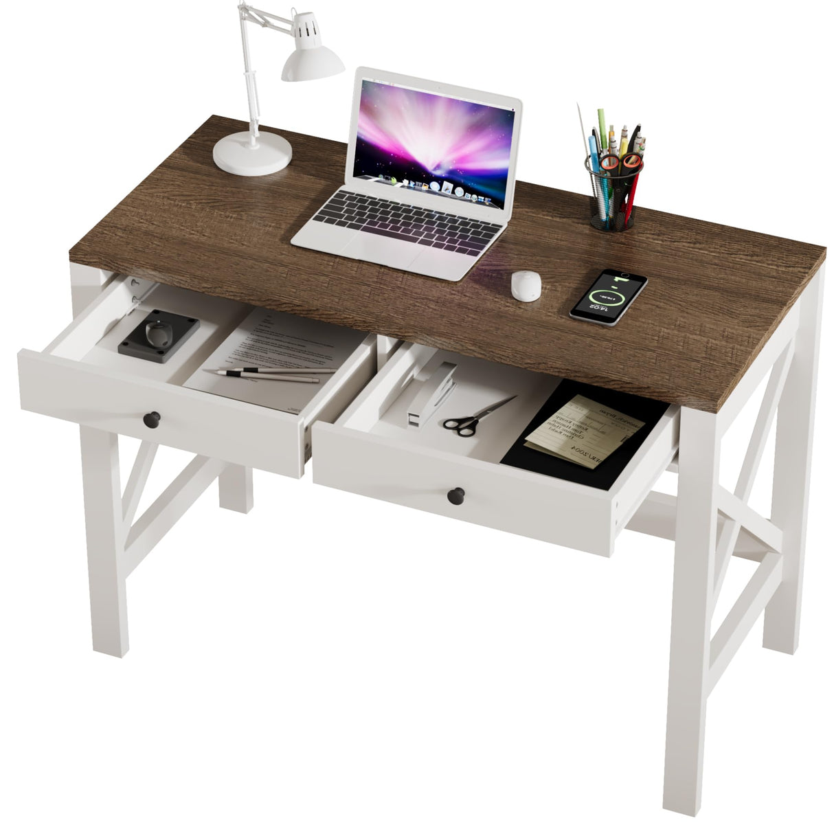 ChooChoo Farmhouse Desk 39" Computer Desk with Drawers, Small Study Writing Table with Stable X Frame for Home Office ChooChoo