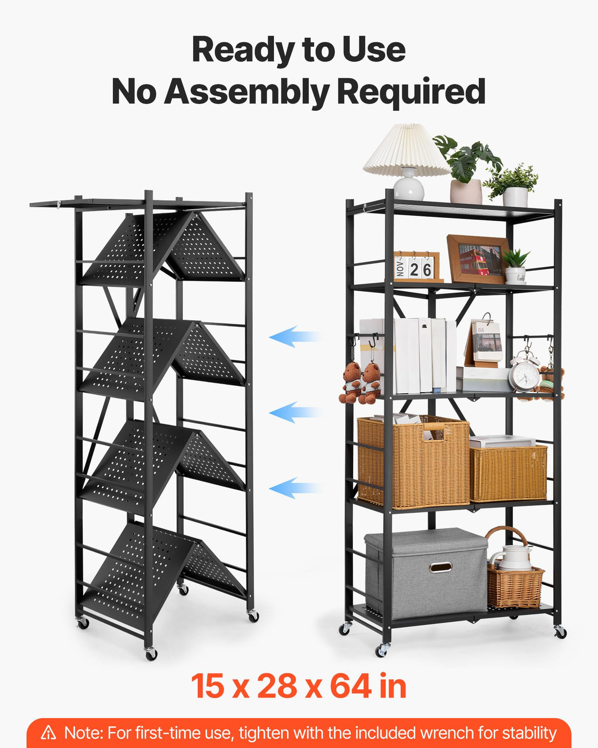 VEVOR 5-Tier Foldable Storage Shelf, 28W x 15D x 64H Inch Folding Metal Rack Shelving Unit, No Assembly Organizer Shelf with 5 Wheels & 4 Hooks for Pantry, Kitchen, Garage, Basement, Black VEVOR